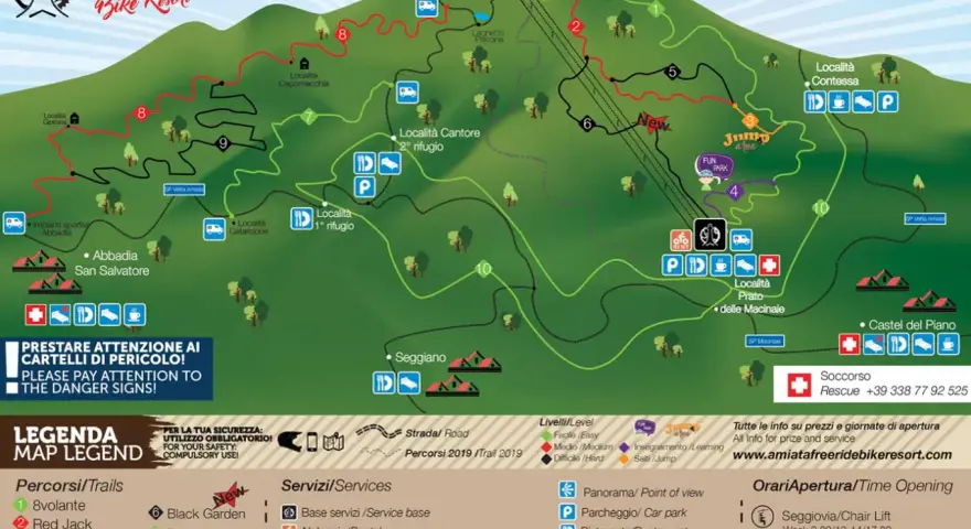 Mappa del Monte Amiata Bike Resort, con percorsi per l'amiata freeride, rifugi, fun park e servizi.