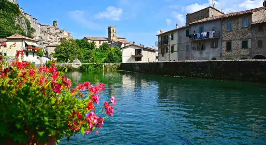 Fiori rossi in primo piano, con il borgo di Santa Fiora e il suo fiume sullo sfondo.