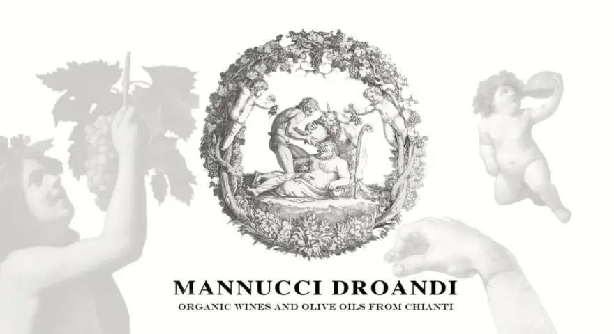 Mannucci Droandi: putti e figure mitologiche celebrano la vendemmia, evocando la tradizione dei vini e oli d'oliva del Chianti.