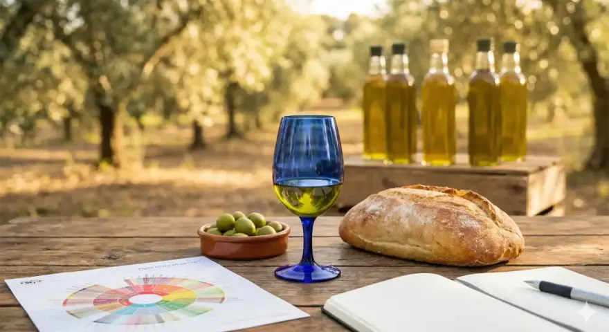 Un bicchiere di olio d'oliva, olive, pane e un grafico per un'esperienza di degustazione di olio d'oliva in un uliveto.
