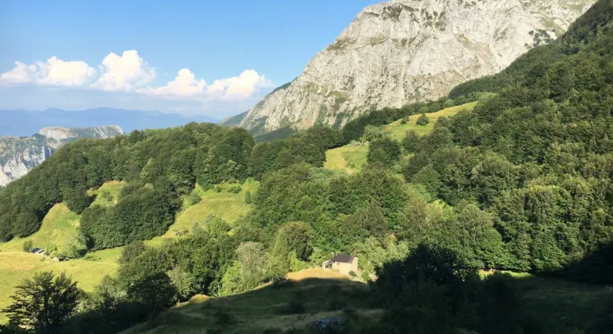 Un piccolo rifugio solitario ai piedi del **Puntato Apuane**, circondato da boschi verdi e montagne imponenti sotto un cielo azzurro.