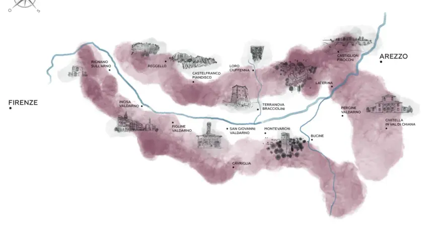 Mappa illustrata del Valdarno di Sopra, con borghi, fiumi e paesaggi toscani.