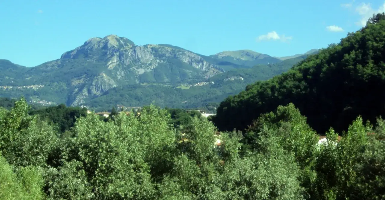 Panoramica verdeggiante con montagne sullo sfondo, dove si intravede un piccolo borgo, forse Villa Collemandina.