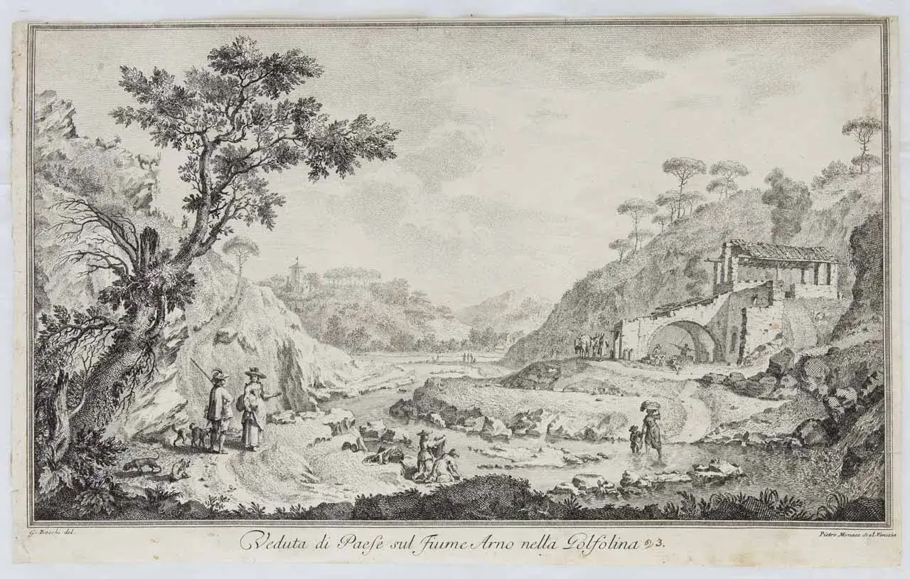 Veduta del fiume Arno nella Golfolina, con figure, animali e un ponte in rovina. Paesaggio suggestivo.