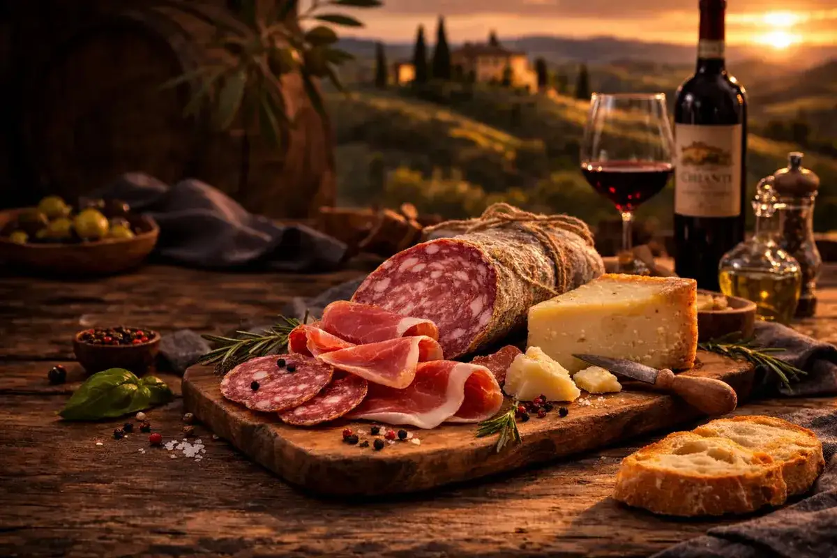 Tagliere toscano con biroldo, salumi, formaggio e pane, sullo sfondo colline al tramonto.