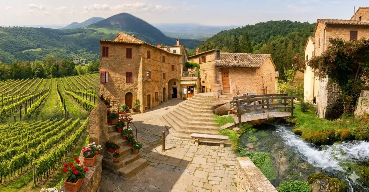 Monticchiello: cosa vedere? Vigneti rigogliosi, borgo in pietra con scalinate fiorite, un ruscello che scorre sotto un ponticello di legno.