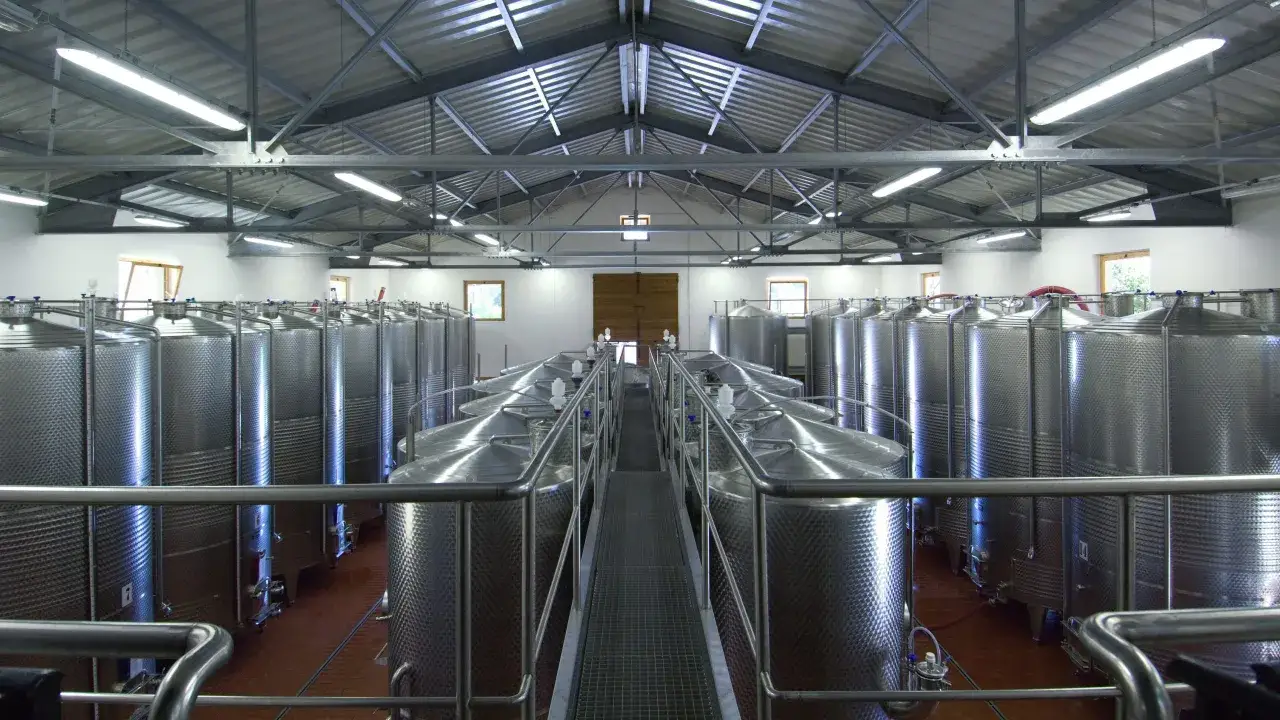 Cantina moderna con file di serbatoi in acciaio inox lucido, simili a una buccia nera di uva, sotto un tetto metallico illuminato.