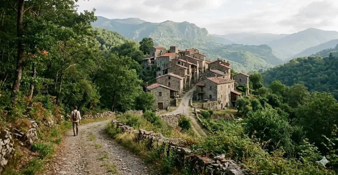 Un viaggiatore solitario percorre un sentiero verso un antico borgo arroccato su una collina, perfetto per scoprire borghi da visitare in 2 giorni.