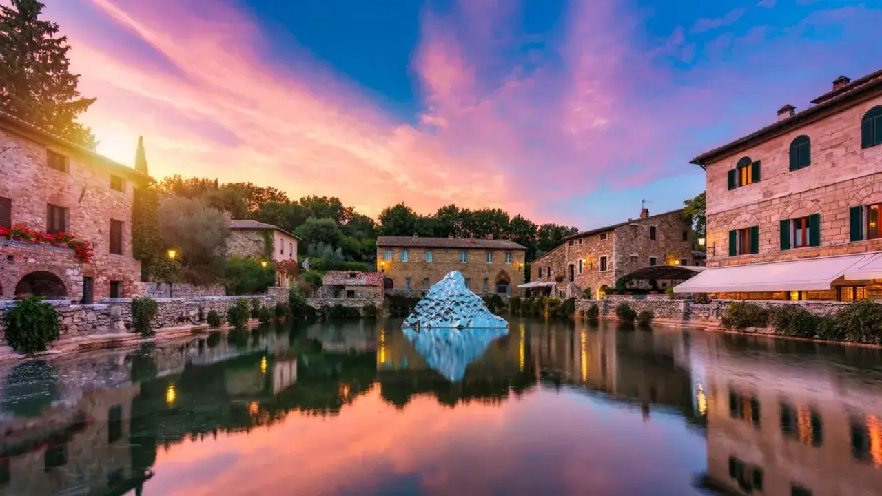 Bagno Vignoni nel Val d'Orcia, con la sua vasca termale al centro e le case in pietra che riflettono il cielo rosa del tramonto.