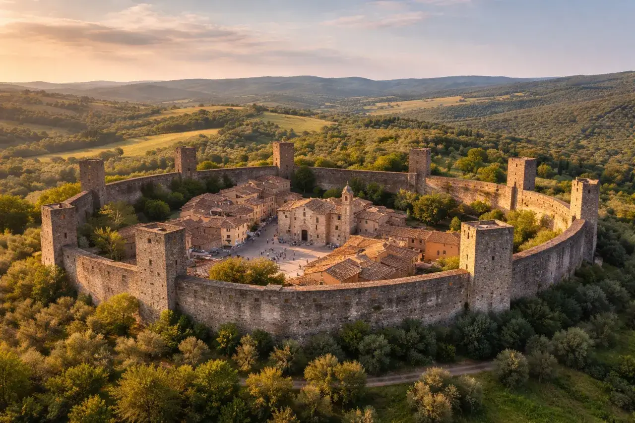 Monteriggioni, un gioiello medievale in provincia di Siena, con le sue mura imponenti e torri che abbracciano un borgo incantato.