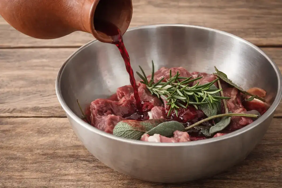 Preparazione per macerare cinghiale in una ciotola con erbe aromatiche e vino rosso.