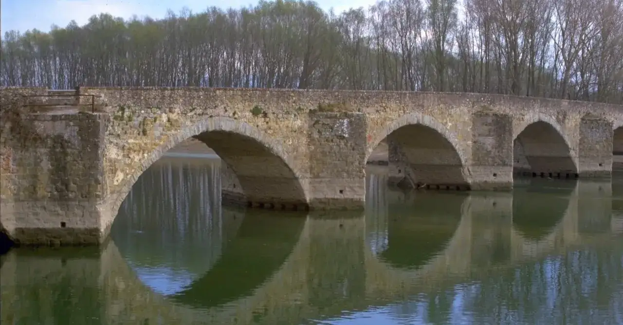 Ponte in pietra con archi multipli, riflesso sull'acqua calma. Un paesaggio suggestivo nella riserva naturale Ponte a Buriano e Penna.
