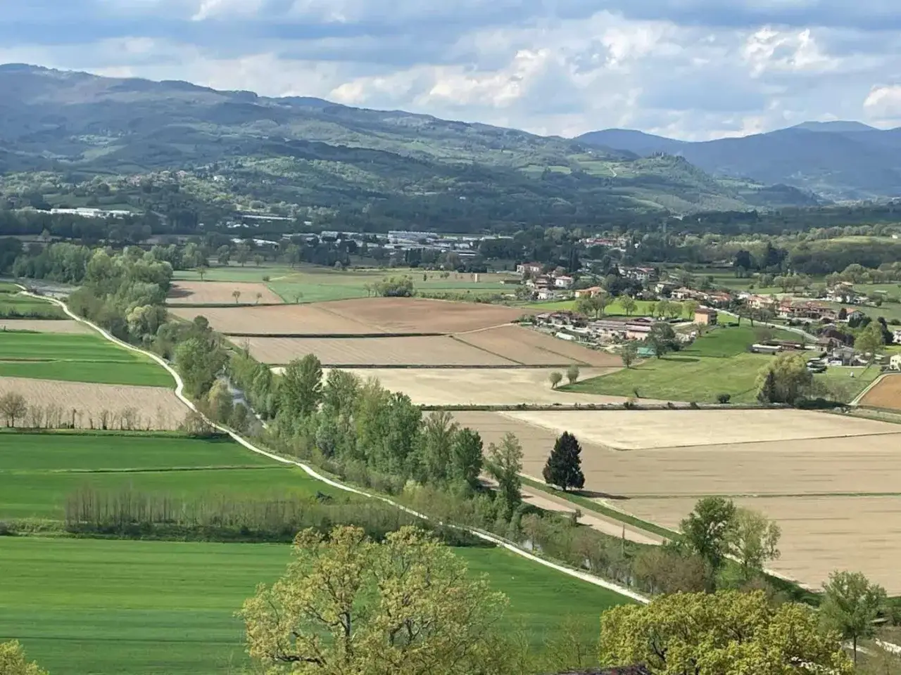 Campagna toscana con campi coltivati e colline verdi, il fiume Arno serpeggia tra gli alberi.