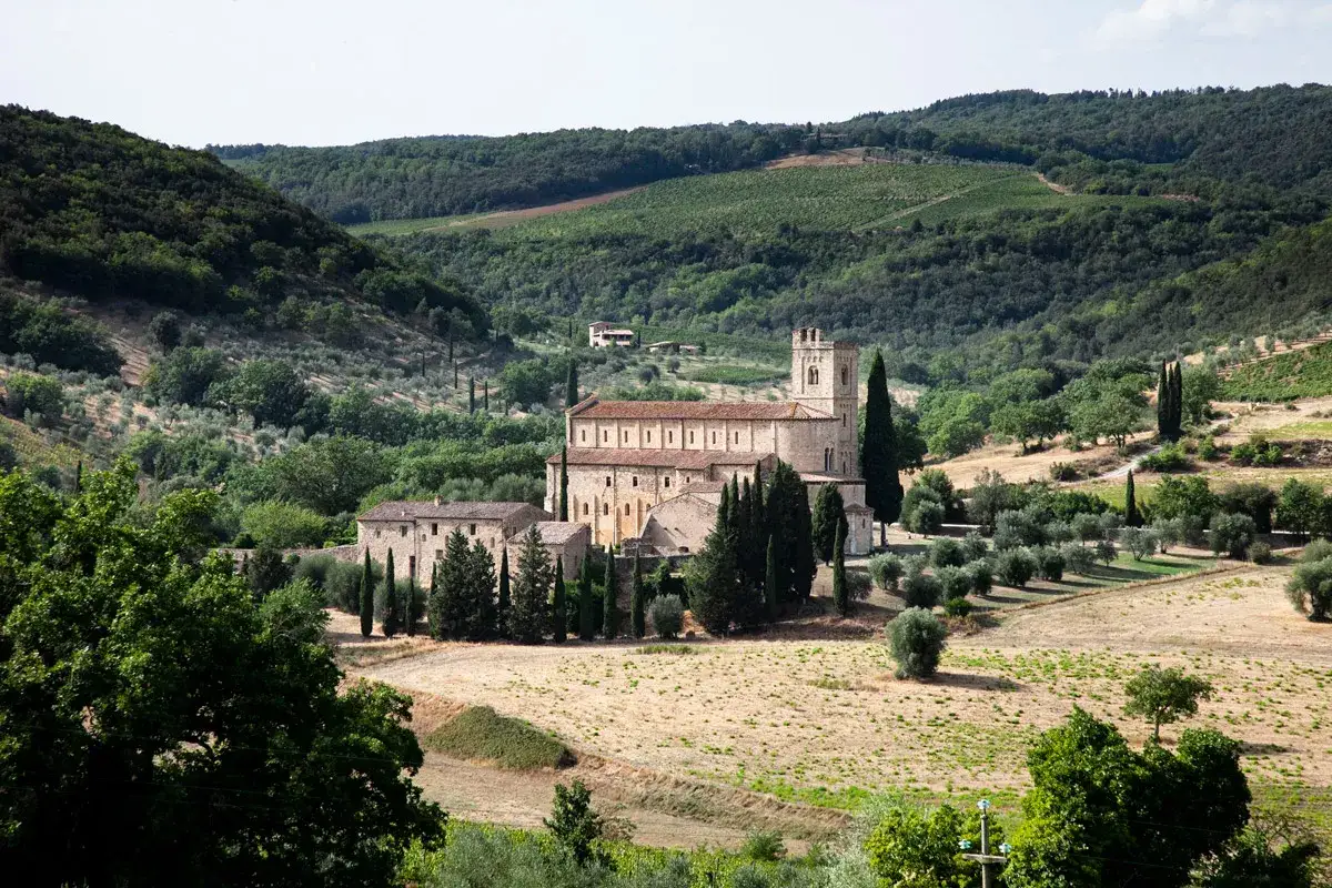 Abbazia di Sant'Antimo, un gioiello romanico immerso nel paesaggio toscano, circondata da uliveti e vigneti.