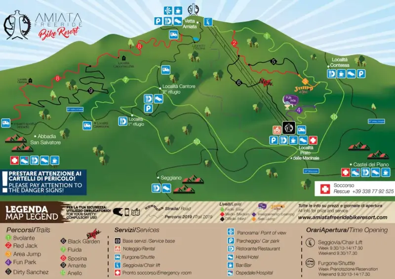 Mappa del Monte Amiata Bike Resort, con percorsi per l'amiata freeride, rifugi, fun park e servizi.